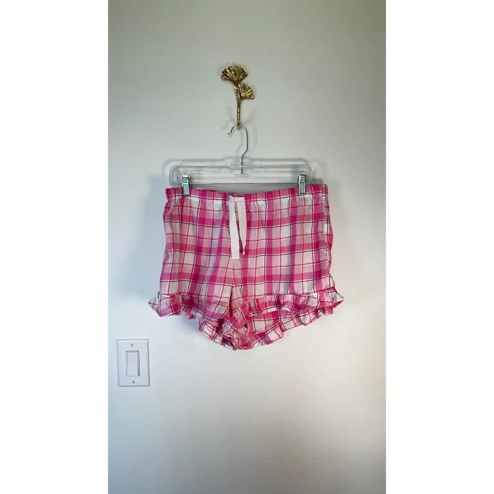 J.Crew Pink Plaid Flannel Ruffle Pajama Set Coquette Preppy M 2PC Size Medium